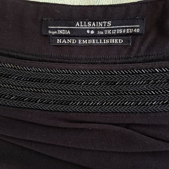 All Saints Oriel Slouchy Tee Size 8 Embellished Boat Neck Asymmetrical Black Top - Picture 7 of 12